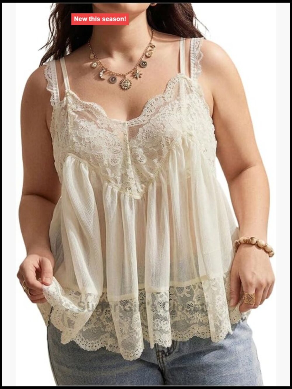 Plus Size Lace Camisole Babydoll Top Semi Sheer Adjustable Straps Boho